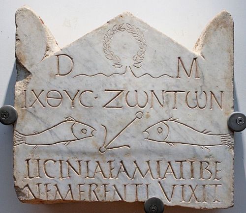 Funerary stele with the inscription ΙΧΘΥC ΖΩΝΤΩΝ ("fish of the living"), early 3rd century in Rome.