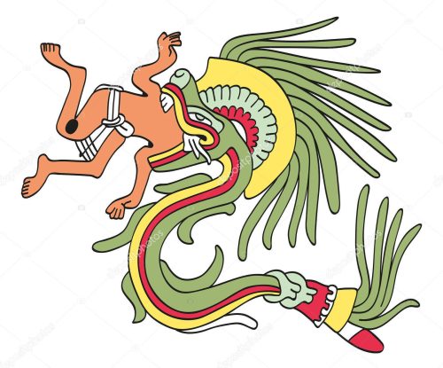Quetzalcoatl, the feathered serpent, eating a missionary.
