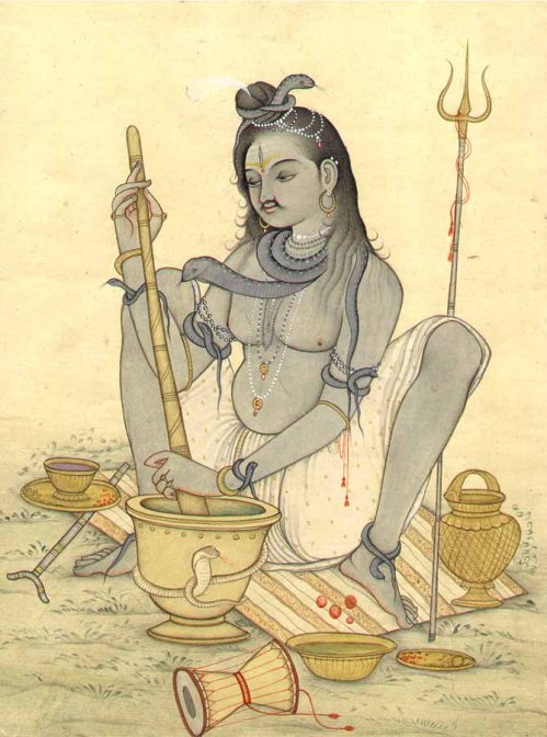 Lord Shiva grinding bhang for his devotees.