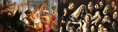 Left: Ruben's painting o St. Thomas martyrdom. Right: Gasparro's painting of Martyrdom of St. Simon.