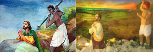 (Left) Mural of the martyrdom of St. Thomas by a Hindu native shown in the BBC report on the 1999 Papal visit to India. (Right) A similar depiction of a Hindu treacherously killing St. Thomas as diorama kept in the San Thome Church exhibit.