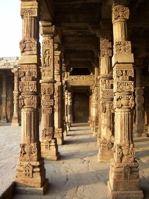 Hindu temple pillars in the Quwwat ul-Islam Mosque, Qutb Complex, Delhi.